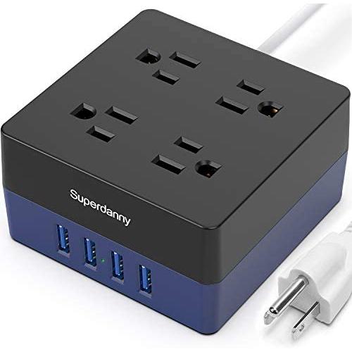 USB Power Strip Surge Protector - SUPERDANNY Mountable Charging Station with 4 Widely Spaced AC Outlets & 4 Smart USB Ports, 5ft Desktop Extension Cord for Home, Office, Hotel, Dorm Room, RV, Blue