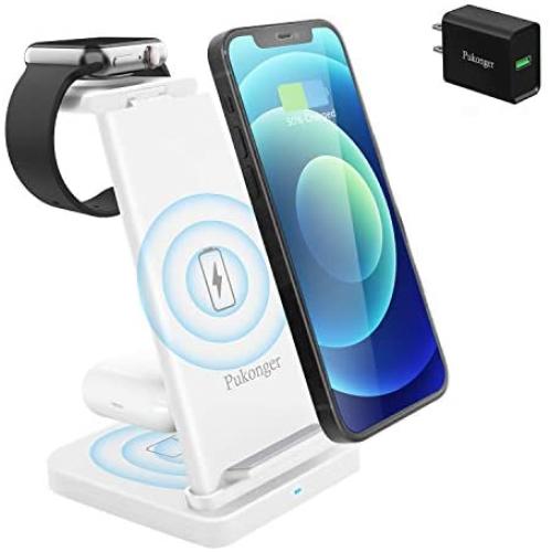 3 in 1 Wireless Charging Station, Qi-Certified Fast Wireless Charger Stand Dock for Airpods Pro/ 2, Apple Watch 6 SE 5 4 3 2, iPhone 12/11/ 11Pro/ X/XS/XR /8/8 Plus/Qi Phones