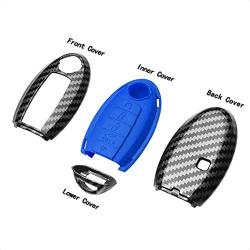 TANGSEN Key Fob Case Grey Carbon Fiber Pattern ABS Blue Silicone Cover for INFINITI JX35 Q50 Q60 QX56 QX60 QX80 for NISSAN ALTIMA ARMADA MAXIMA MURANO PATHFINDER ROGUE 5 Button Keyless Entry Remote