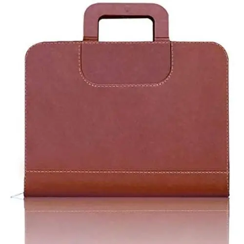 Zipper Portfolio, BESTWYA Briefcase Style Organizer Folder with Handles Zippered Closure Removable Calculator & Notebook Bonus Ballpoint Pen (Brown)