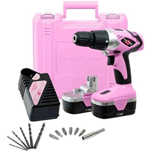 Pink Power Drill PP182 18V Cordless Electric Drill Driver Set for Women - Tool Case, 18 Volt Drill, Charger and 2 Batteries