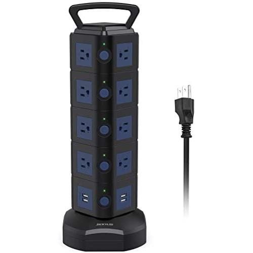 JACKYLED Power Strip Tower Surge Protector 18 AC Outlets and 4 USB Ports with 6.5ft Heavy Duty Extension Cord Electric Charging Station for Home Office Dorm Laptop Computer Black Dark Blue