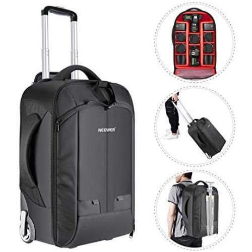 Neewer 2-in-1 Convertible Wheeled Camera Backpack Luggage Trolley Case with Double Bar, Anti-Shock Detachable Padded Compartment for SLR/DSLR Cameras, Tripod, Lens and Other Accessories (Black/Red)