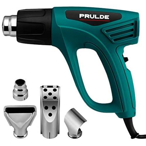 Heat Gun Dual Temperature Settings, PRULDE N2190 1500W Hot Air Gun 800°F - 1112°F, Overload Protection with 4 Metal Nozzle Attachments for Shrink Wrapping/Tubing, Paint Removal