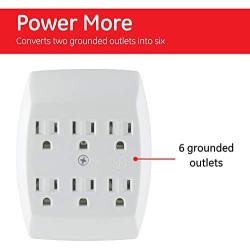 GE 6 Outlet Adapter, 3 Prong Outlets, Grounded, Wall Charger, Charging Station, White, 54947