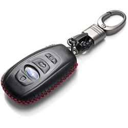 Vitodeco Leather Keyless Remote Smart Key Fob Case Cover with a Key Chain for 2014-2021 Subaru Forester, Impreza, Outback, WRX, BRZ, XV Crosstrek (4-Button, Black/Red)