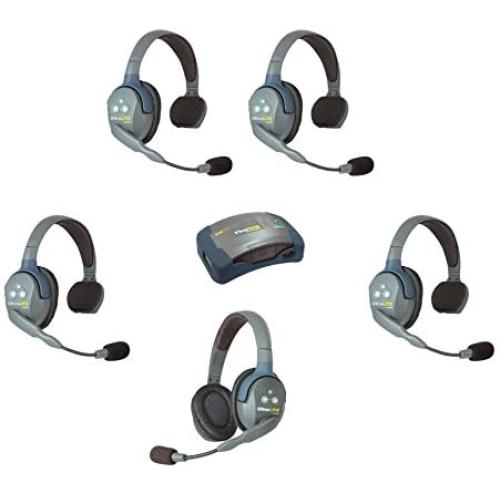 Eartec HUB541 UltraLITE Wireless System - 1 HUB Full Duplex Transceiver, 1 ULDR Dual Ear DECT Headset, 4-Pack of ULSR Single-Ear Remote Headsets