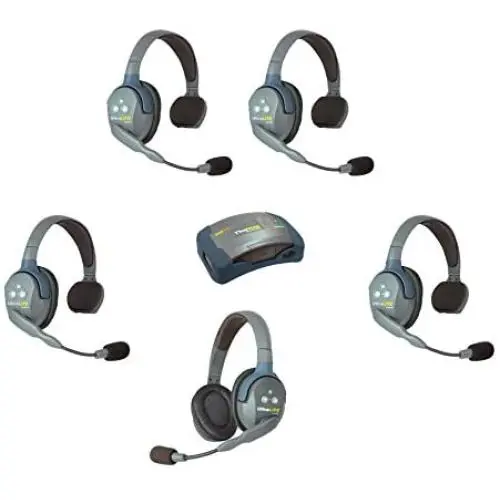 Eartec HUB541 UltraLITE Wireless System - 1 HUB Full Duplex Transceiver, 1 ULDR Dual Ear DECT Headset, 4-Pack of ULSR Single-Ear Remote Headsets