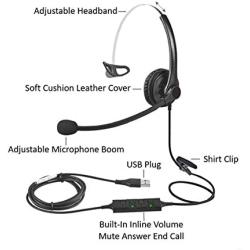 USB Plug Hands-Free Call Center Noise Cancelling Corded Monaural Headset Headphone with Mic Mircrophone for Both Office PC VOIP Softphone and Telephone with USB Plug for Headset