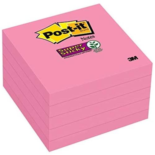 Super Sticky Notes, 3x3 in, 5 Pads, 2X The Sticking Power, Neon Pink, Recyclable - New