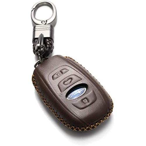 Vitodeco Leather Keyless Remote Smart Key Fob Case Cover with a Key Chain for 2014-2021 Subaru Forester, Impreza, Outback, WRX, BRZ, XV Crosstrek (4-Button, Brown)