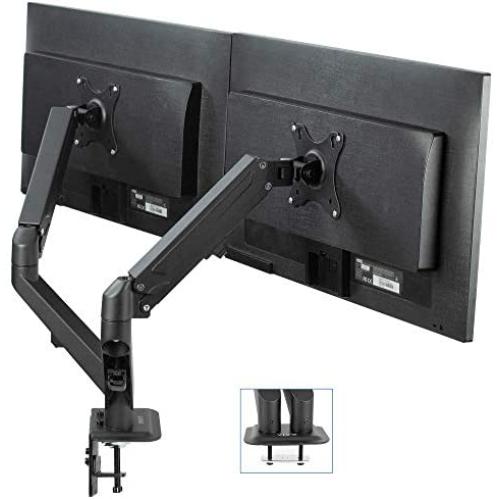 VIVO Black Articulating Dual Pneumatic Spring Arm Clamp-on Desk Mount Stand, Fits 2 Monitor Screens 17 to 27 inches with Max VESA 100x100, STAND-V102O