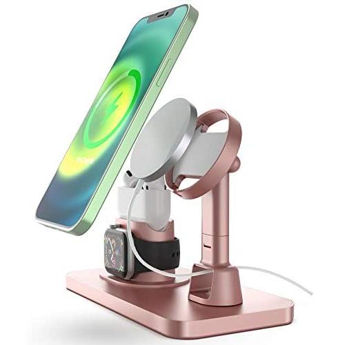 Imguardz Charging Stand Compatible with Magsafe Charger Apple Watch AirPods/Pro iPhone 12/Pro/Max/Mini, Upgraded Charging Station Holder Desk Dock Base Mount for Multiple Devices -Rose Gold
