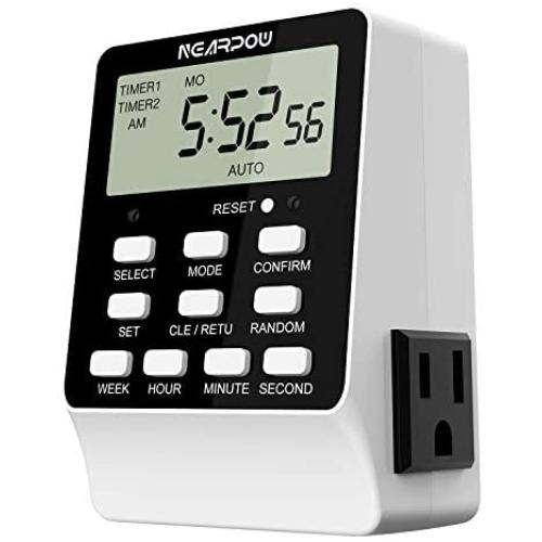 Outlet Timer, NEARPOW Dual Digital Light Timer with 2 Independently-controlled Outlets, 18 ON/OFF Programs, 24-Hour and 7-Day Programmable,Indoor Heavy Duty Electrical Timer Switch, 3 Prong, 15A/1800W