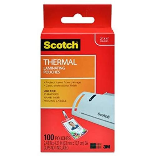 Scotch Thermal Laminating Pouches, 5 Mil Thick for Extra Protection, Professional Quality, 2.4 x 4.2-Inches, ID Badge without Clip, 100-Pouches (TP5852-100)
