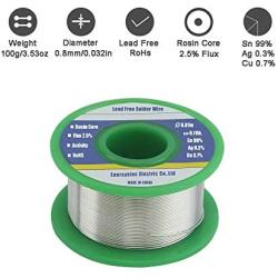 Solder Wire Rosin Flux Core Fine Electrical Solder Lead Free 0.8mm 100g Sn99 Ag0.3 Cu0.7 3.53oz for High Precision Electronics Soldering