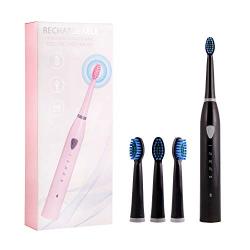 Black Electric Toothbrush Rechargeable for Adults 5 Modes Sonic Toothbrush with 2 Mins Timer and 4 Replacement Brushheads