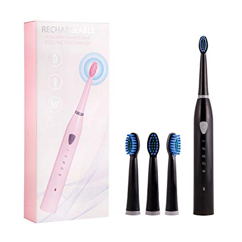 Black Electric Toothbrush Rechargeable for Adults 5 Modes Sonic Toothbrush with 2 Mins Timer and 4 Replacement Brushheads