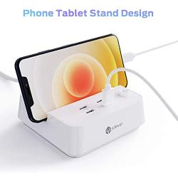 Power Strip with USB, iClever USB Charging Station with 3 Outlet 4 USB Ports, 10A 5ft Extension Cord, Dual Switch Control, Overload Protection, Phone Tablet Stand for Home, Office and Hotel - White