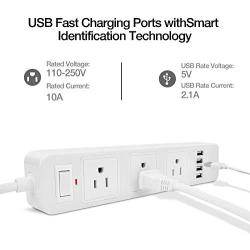2 Prong Power Strip Surge Protector with 3 Outlets and 4 USB Charging Ports 6.6 Ft Long Extension Cord for Smartphone Tablets Home Office White