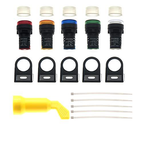 RESALET Indicator Lights Lamp Set AC/DC 110V, Red+Green+Blue+Yellow+White LED, 22mm Panel Mount, with Wrench Notice Board for Electrical Control Panel, HVAC, DIY Projects 10Pcs