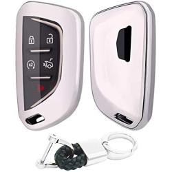 Royalfox(TM) for Cadillac New Blade Shape Key, 5 Buttons Soft TPU Full Protection keyless Remote Smart Key Fob case Cover Keychain for 2020 Cadillac ct5 CT4-V Corvette C8 (Silver)