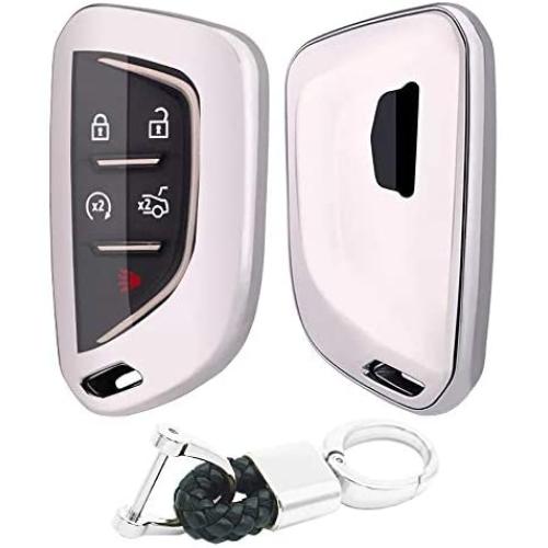 Royalfox(TM) for Cadillac New Blade Shape Key, 5 Buttons Soft TPU Full Protection keyless Remote Smart Key Fob case Cover Keychain for 2020 Cadillac ct5 CT4-V Corvette C8 (Silver)