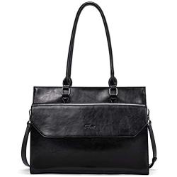 Briefcase for Women Oil Wax Leather Vintage 15.6 Inch Laptop Business Shoulder Bag Black