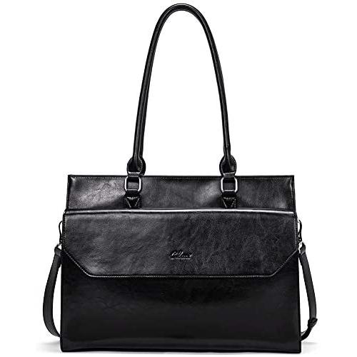 Briefcase for Women Oil Wax Leather Vintage 15.6 Inch Laptop Business Shoulder Bag Black