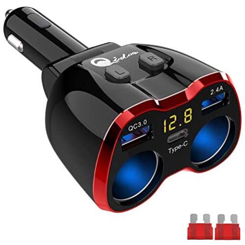 Cigarette Lighter Splitter QC 3.0, 2-Socket USB C Car Charger Adapter Type C Multi Power Outlet 12V/24V 80W DC with LED Voltmeter Switch Dual USB Port for iPhone GPS Dashcam iPad Android Samsung