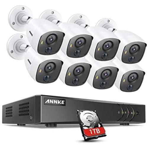 ANNKE 8 Camera Security System 8CH 5MP H.265+ DVR and 8×1080P HD Weatherproof Bullet CCTV Cameras, PIR Detection, White Light Alarm, Email Alert with Snapshots, 1TB Surveillance Hard Drive--S300
