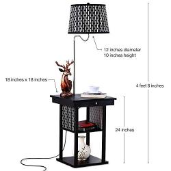 Brightech Madison - Narrow Nightstand with Built in Lamp, USB Port & Shelves for Bedrooms - Mid Century Modern End Table & Attached Floor Lamp for Living Rooms - Side Table & Reading Light - Black