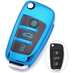 Royalfox(TM) Luxury Chrome Soft TPU Remote Key Fob case Cover for Audi Folding flip Key, Audi A1 A3 A4 A5 A6 Q3 Q5 Q7 TT S3 R8 (Blue with Black)