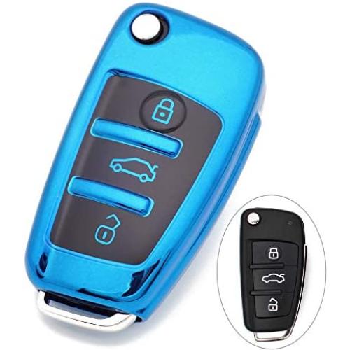 Royalfox(TM) Luxury Chrome Soft TPU Remote Key Fob case Cover for Audi Folding flip Key, Audi A1 A3 A4 A5 A6 Q3 Q5 Q7 TT S3 R8 (Blue with Black)