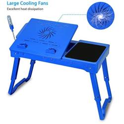 TeqHome Laptop Table for Bed, Adjustable Laptop Bed Desk with Fan, 4 USB Ports, Portable Lap Desk with Foldable Legs, Laptop Stand for Couch Sofa Bed Tray with LED Light, Storage, Mouse Pad - Blue