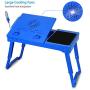 TeqHome Laptop Table for Bed, Adjustable Laptop Bed Desk with Fan, 4 USB Ports, Portable Lap Desk with Foldable Legs, Laptop Stand for Couch Sofa Bed Tray with LED Light, Storage, Mouse Pad - Blue