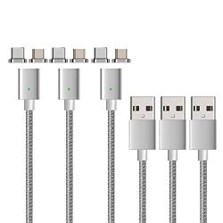 NetDot Gen7 3in1 Nylon Magnetic Fast Charging Cable Compatible with Micro USB & USB-C Smartphones and Products (5ft /3 Pack Silver)