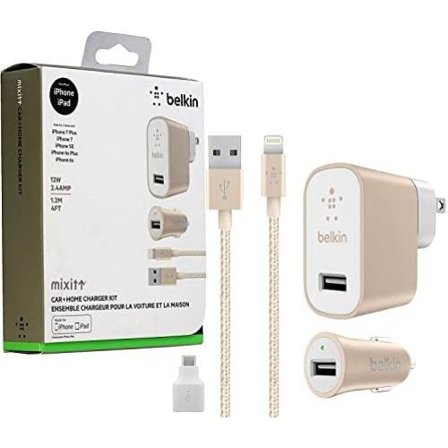 Belkin Metallic Mixit -12W 2.4Amp Fast - Home & Car Lightning Charger Gold White Kit -(Retail Packing) For iOS iPhone 8/+/X iPad Pro