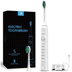 Electric Toothbrush with Powerful Sonic Cleaning-Rechargeable Electric Toothbrushes for Teeth Whitening and Cleaning, 5 Modes, Smart Timer, 2 Replacement Heads, White