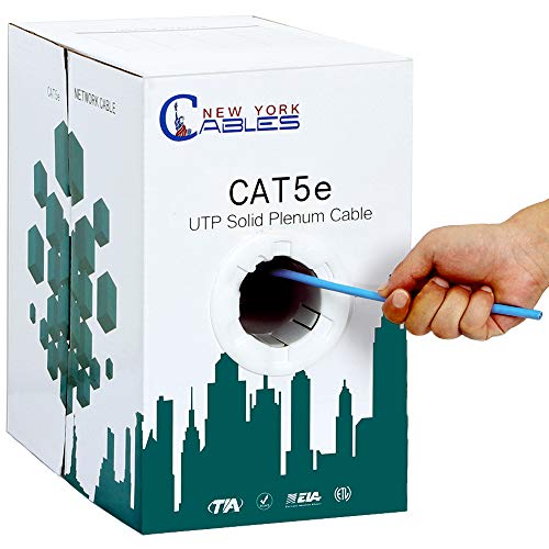 Cat5e Plenum Cable 1000ft | Fluke Test Passed High Bandwidth, Solid 24AWG 350MH Bulk Ethernet Cable, (UTP) Unshielded Twisted Pair - Blue