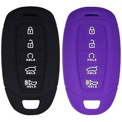 Lcyam Key Fob Cover Silicone Case Remote Holder Compatible with 2019 2020 2021 Hyundai Palisade Keyless Push Start 5 Button (Black Purple)