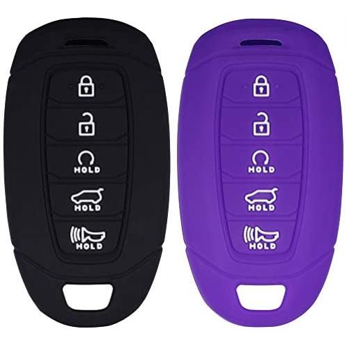 Lcyam Key Fob Cover Silicone Case Remote Holder Compatible with 2019 2020 2021 Hyundai Palisade Keyless Push Start 5 Button (Black Purple)