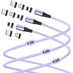 Melonboy Magnetic Charging Cable(3 Pack, 3.3ft/6.6ft/6.6ft) Soft & Tangle-Free Liquid Silicone Cable, 3 in 1 Magnetic Phone Charger Cable Compatible with Type-C, Micro USB and iProduct Devices-Purple
