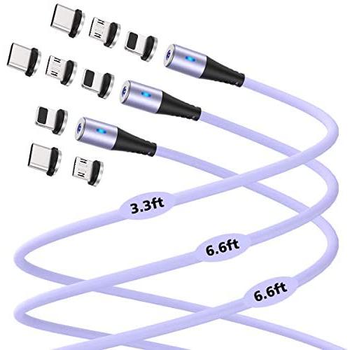 Melonboy Magnetic Charging Cable(3 Pack, 3.3ft/6.6ft/6.6ft) Soft & Tangle-Free Liquid Silicone Cable, 3 in 1 Magnetic Phone Charger Cable Compatible with Type-C, Micro USB and iProduct Devices-Purple