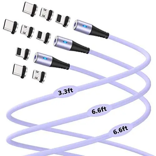 Melonboy Magnetic Charging Cable(3 Pack, 3.3ft/6.6ft/6.6ft) Soft & Tangle-Free Liquid Silicone Cable, 3 in 1 Magnetic Phone Charger Cable Compatible with Type-C, Micro USB and iProduct Devices-Purple
