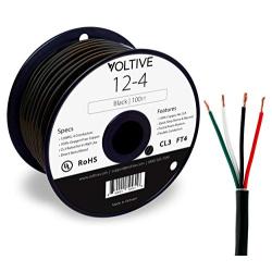 Voltive 12/4 Speaker Wire - 12 AWG/Gauge 4 Conductor - UL Listed in Wall (CL2/CL3) and Outdoor/In Ground (Direct Burial) Rated - Oxygen-Free Copper (OFC) - 100 Foot Spool - Black