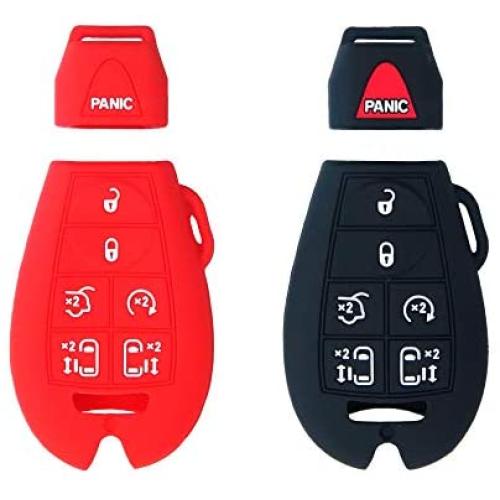 BAR Autotech Remote Key Silicone Rubber Keyless Entry Shell Case Fob and Key Skin Cover fit for Chrysler Town, Country Van, Dodge Grand Caravan, Volkswagen Routan (1 Pair) (Black+Red)
