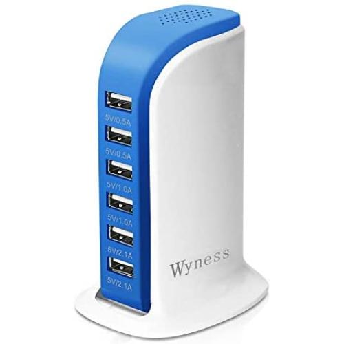 USB Tower Power Adapter 6-Port Smart IC Tech Charging Station with Quick Charge 2.1 for Phone, Tablets, and More (Blue)