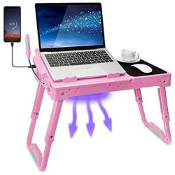 TeqHome Laptop Desk for Bed, Adjustable Laptop Bed Table with Fan, Portable Lap Desk with Foldable Legs, Laptop Stand for Couch Sofa Bed Tray with LED Light, 4 USB Ports, Storage, Mouse Pad (Pink)