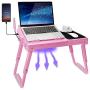 TeqHome Laptop Desk for Bed, Adjustable Laptop Bed Table with Fan, Portable Lap Desk with Foldable Legs, Laptop Stand for Couch Sofa Bed Tray with LED Light, 4 USB Ports, Storage, Mouse Pad (Pink)